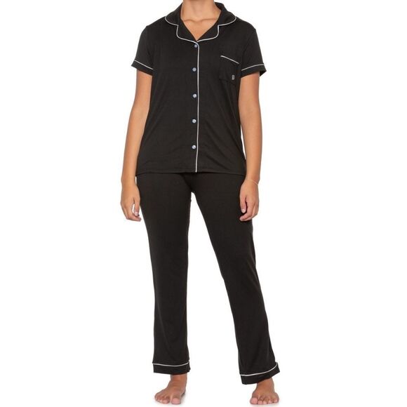 BORN Black White Button Down Notched Collar Short Sleeve Long Pants Pajama Set - Picture 1 of 12
